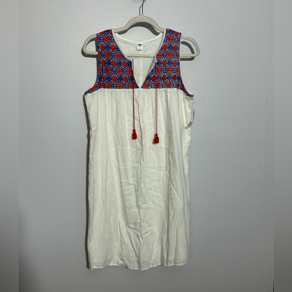 Old Navy Dress Women’s M White Linen Blend Embroidered Shift Tasseled